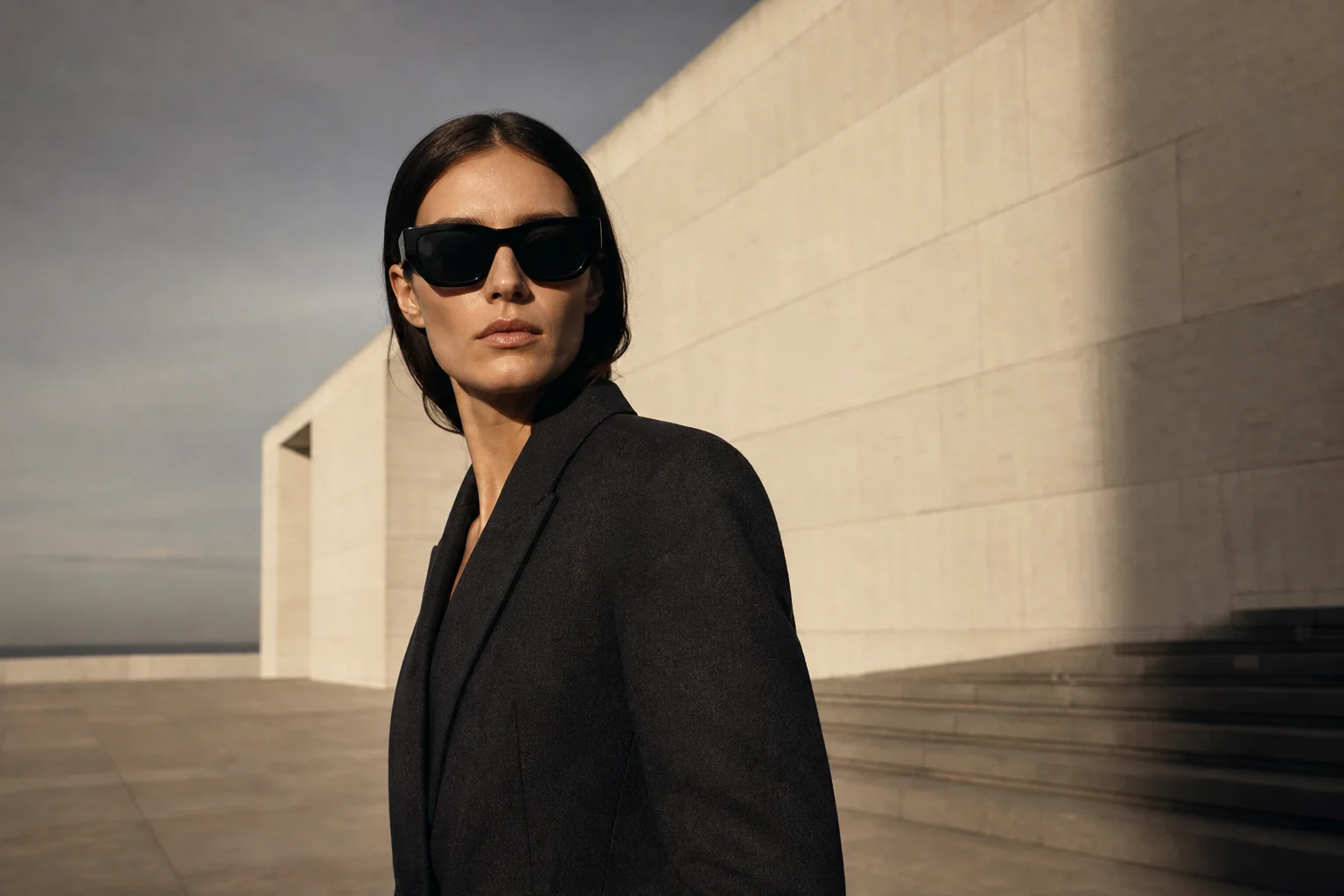 Model wearing black sculptural sunglasses in an architectural setting