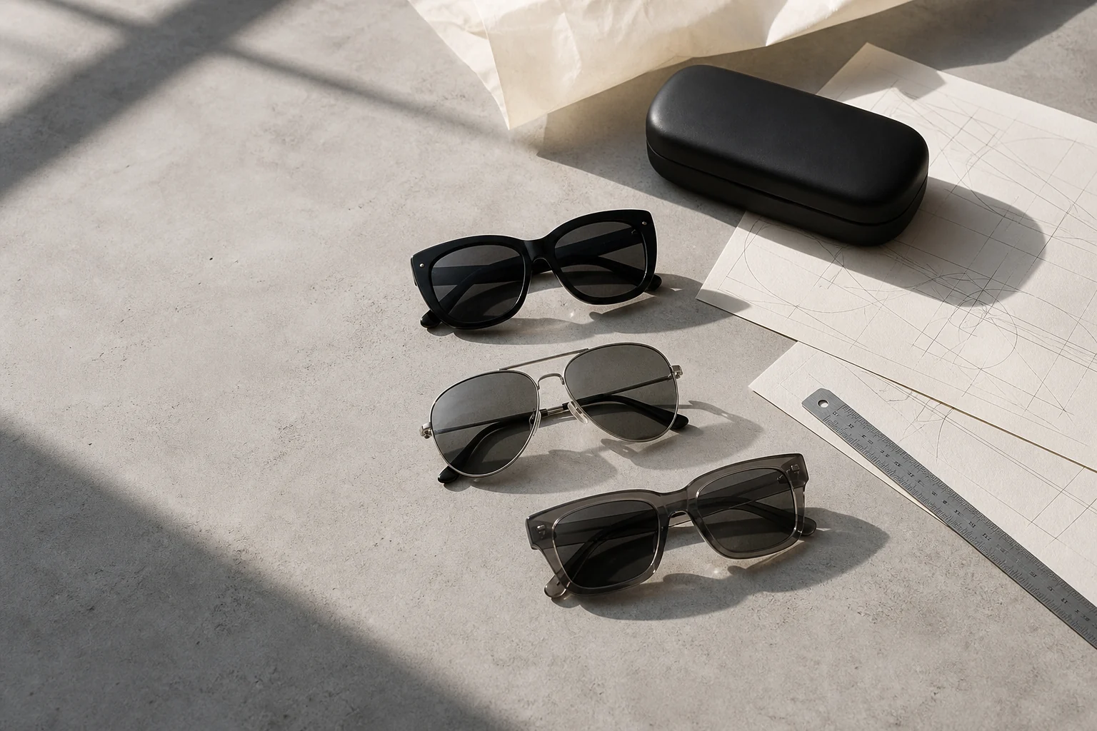 Three sunglasses models arranged with technical sheets and a protective case